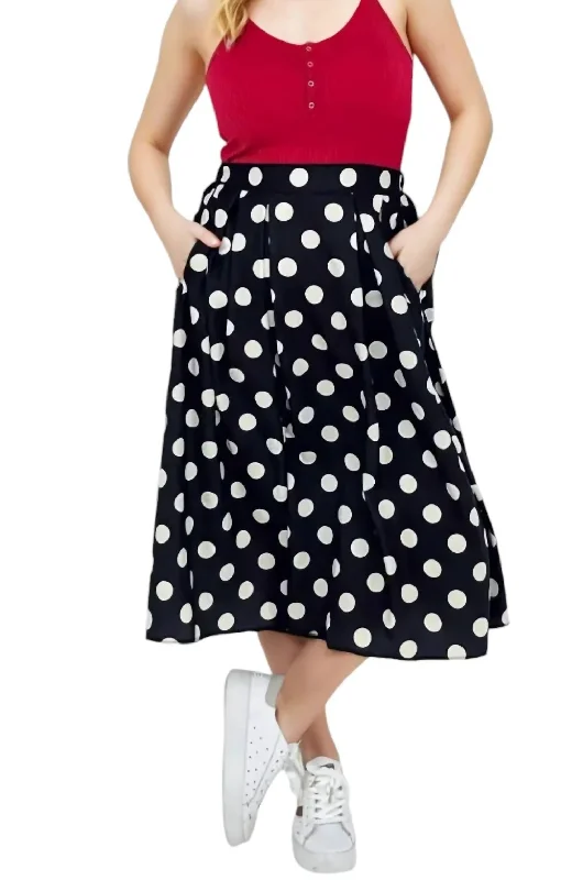 Polka Dot Pleated Midi Skirt In Black