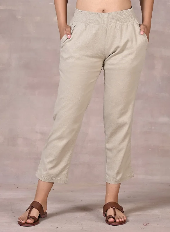 Beige Regular Plain Linen Capri