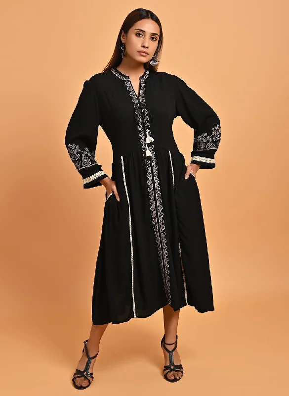 Black A-Line Boho Long Dress with Dori Tie Neck