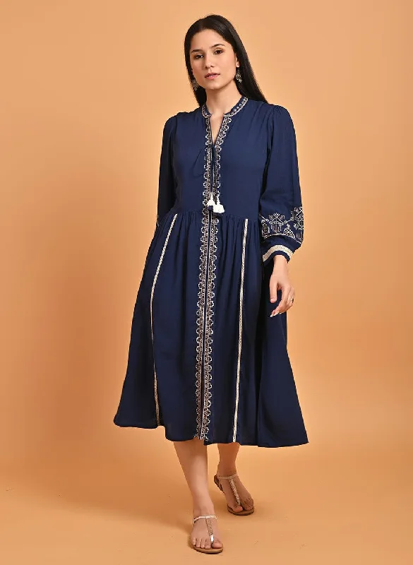 Navy Blue A-Line Boho Long Dress with Dori Tie Neck