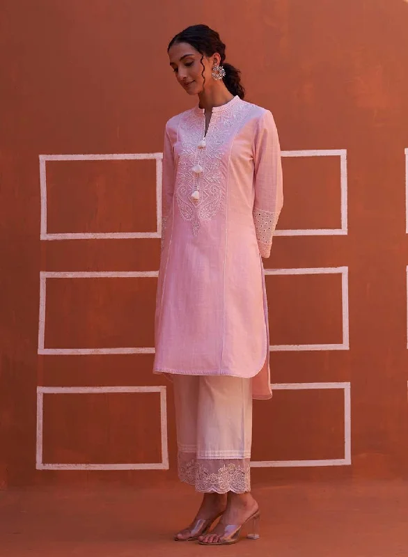 Pink Embroidered Kurta with Asymmetric Hem and Schiffili Detailing on the Sleeves