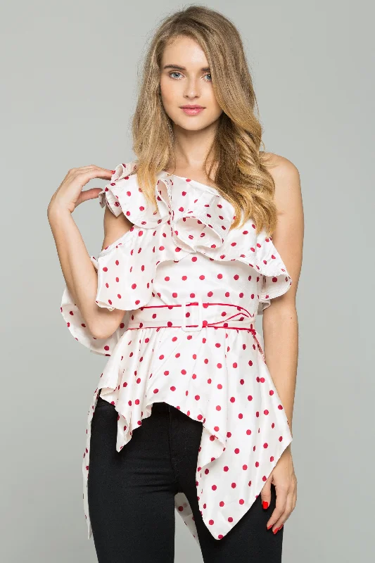 White and Red Polka dot One-shoulder Belted Top