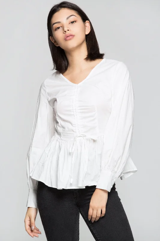 White Full Sleeves Cinched Peplum Top