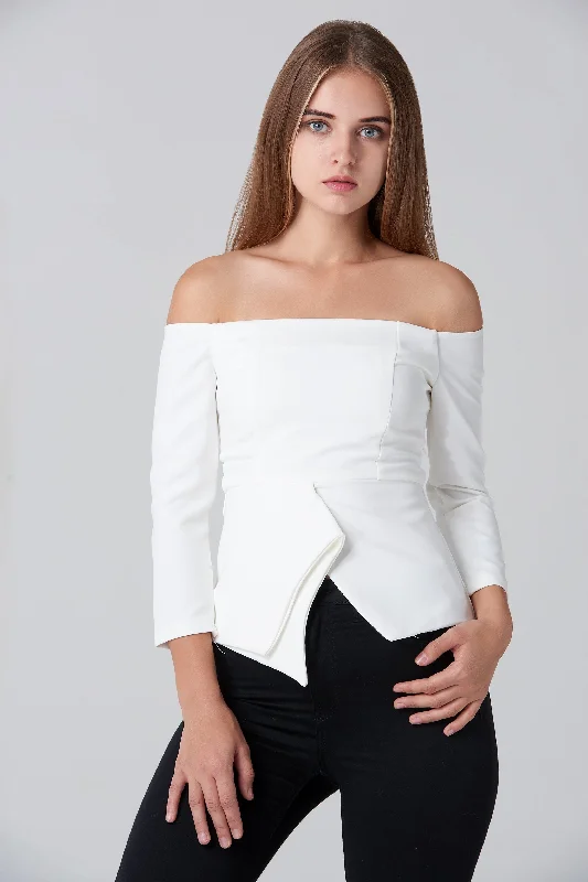 White Off Shoulder Flare Hem Top