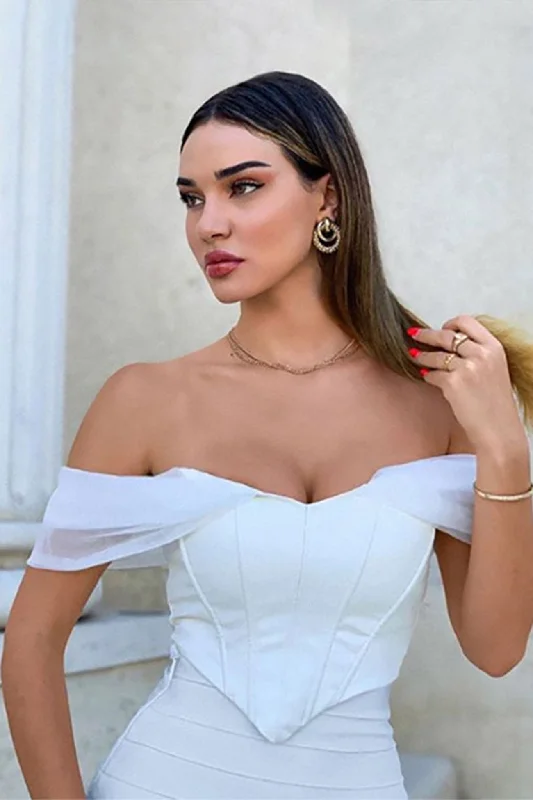 White Off Shoulder Mesh Corset Crop Top