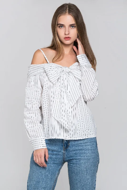 White Pin Stripes Cold Shoulder Tie Bandeau Top