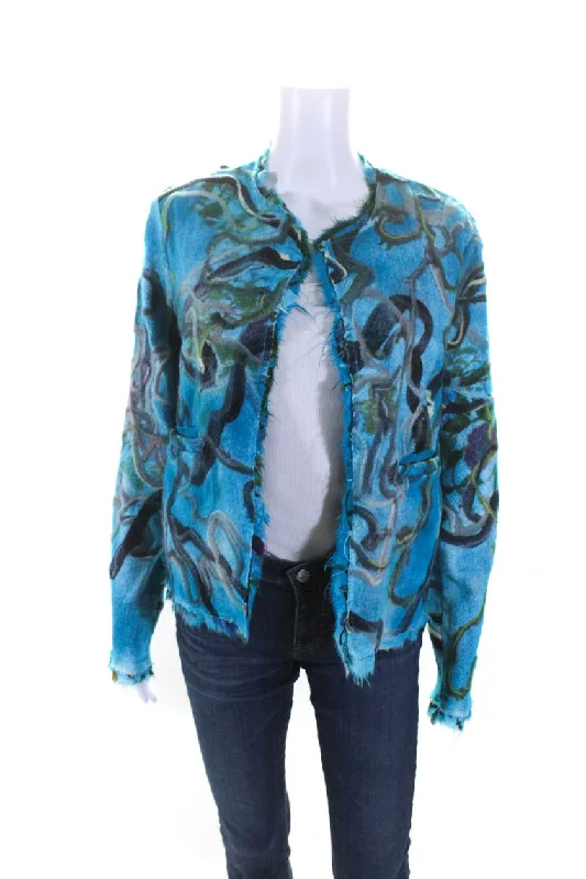 Avant Toi Womens Blue Printed Linen Open Front Long Sleeve Jacket