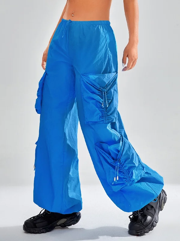 Amy Fashion - Drawstring Waist Flap Pocket Parachute Cargo Pants