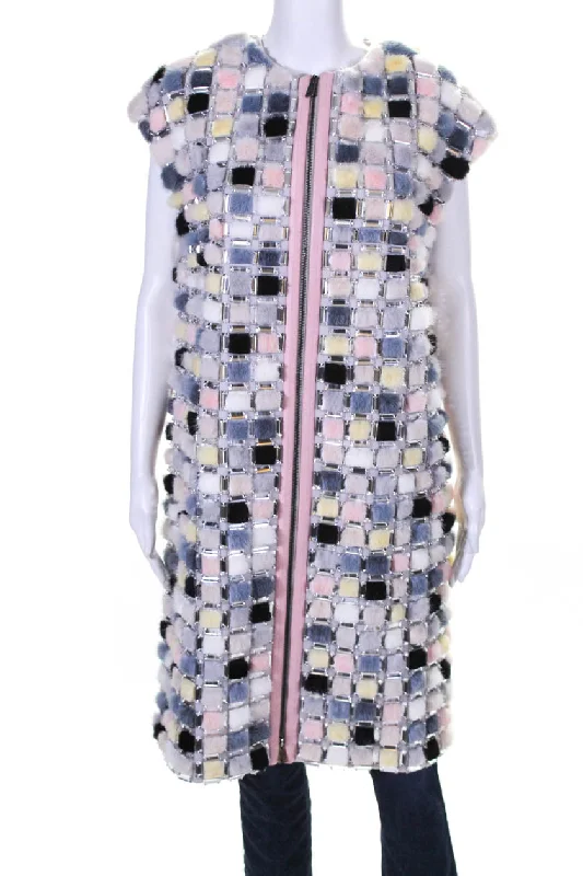 Fendi Womens Sleeveless Leather Trim Jeweled Fur Zipper Vest Pink