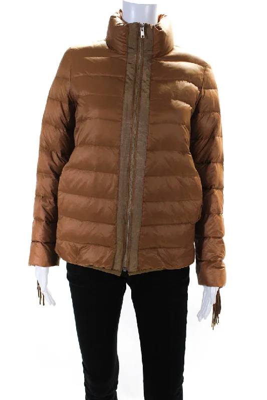 Glamourpuss Womens Stripe Quilted Fringe Sleeve Zipped Puffer Coat Brown