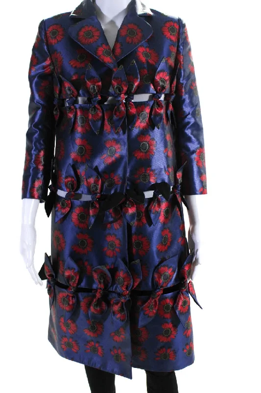 Jonathan Cohen Womens Button Front Knotted Bow Floral Cut Out Coat Blue Small