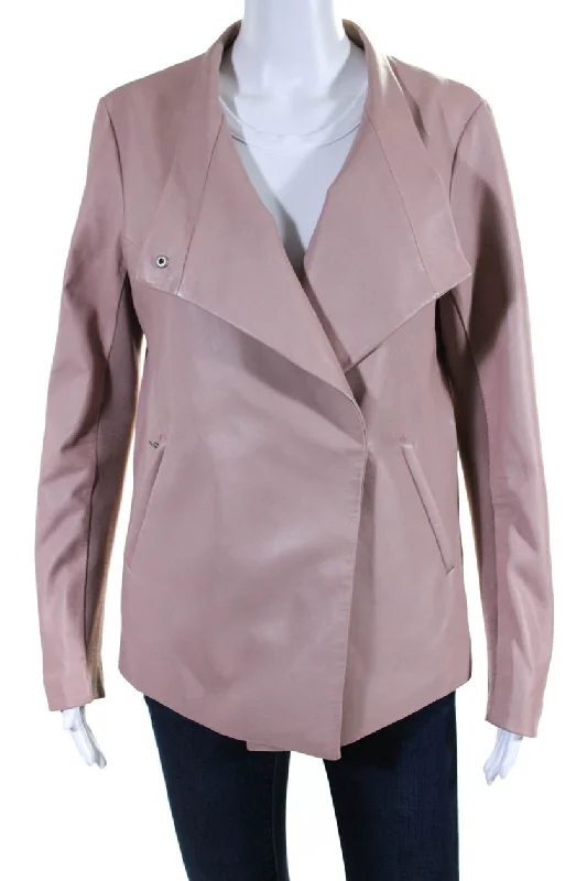 Mackage Womens Solid Pink V-Neck Front Pockets Long Sleeve Leather Jacket