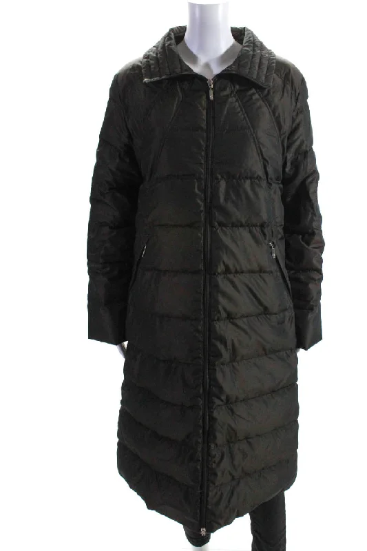 Moncler Womens Knee Length Satin Full Zip Puffer Coat Dark Brown