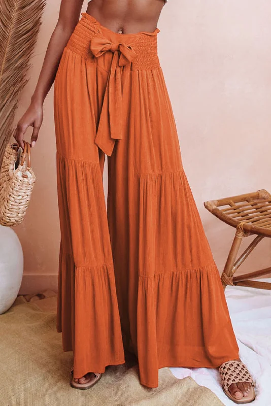 Orange Smocked Waist Tiered Wide Leg Pants