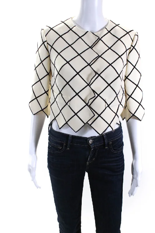 Oscar de la Renta Womens Zig Zag Hem Crop Check Snap Jacket Black Cream