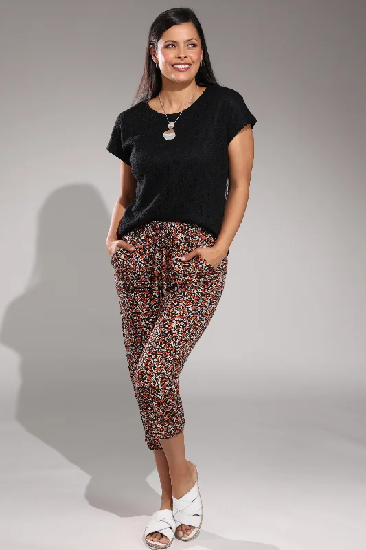 Printed Viscose Mid Calf Pants | Spice Black Mini Floral | 3369A1