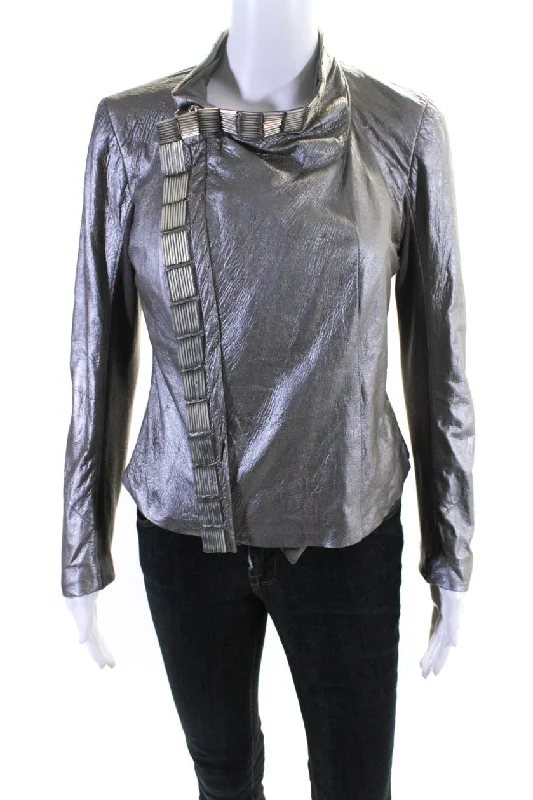 Rick Owens Womens Embroidered Beaded Long Sleeve Zip Metallic Jacket Gray