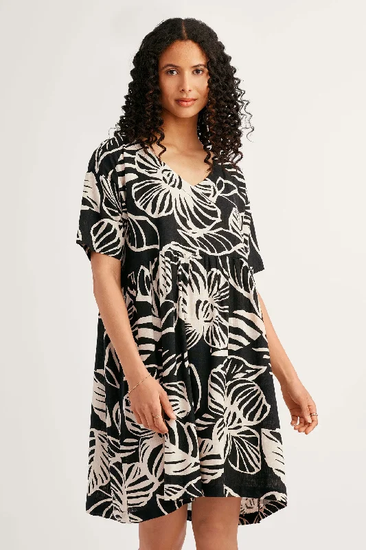 Robe manches courtes imprimée en lin - Femme