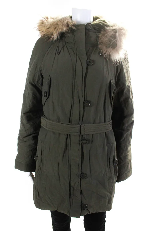 Vince Womens Front Zip Belted Fox Fur Trim Hooded Jacket Green