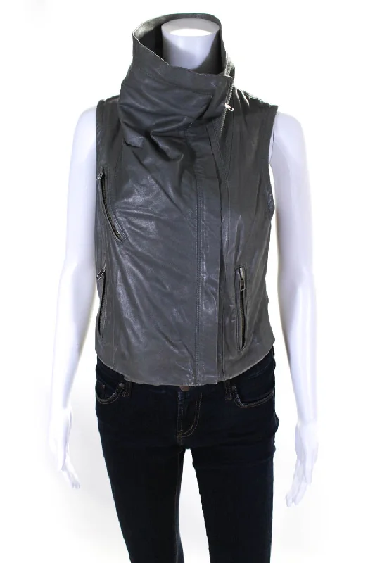 Yigal Azrouel Womens Gray Leather Cowl Neck Zip Sleeveless Vest Jacket