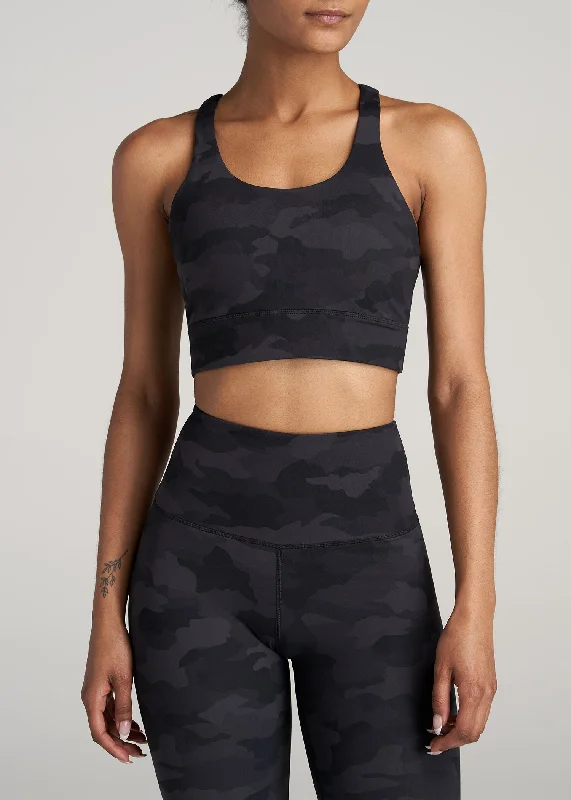 Women's Balance Crisscross Tall Sports Bra in Grey Camo