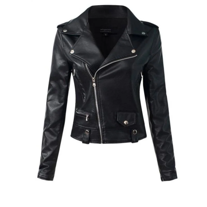 Aelegantmis Casual PU Leather Jacket Women Classic Zipper Short Motorcycle Jackets Lady Autumn Winter Basic Leather Coat Black