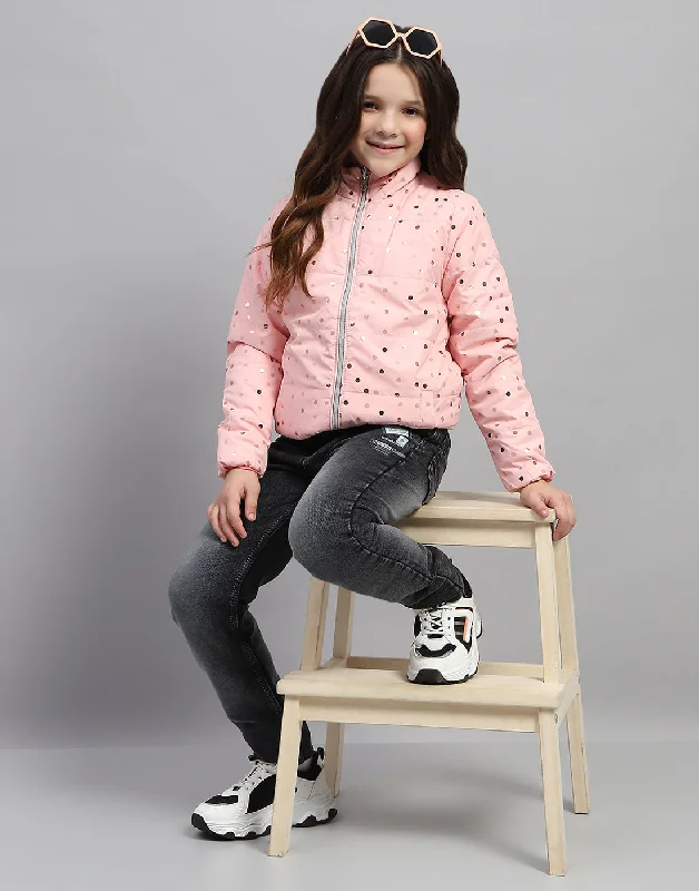 Girls Pink Solid Mock Neck Full Sleeve Jacket