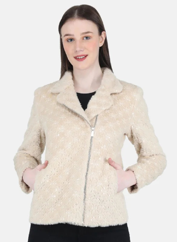 Women Beige Embroidered Coat