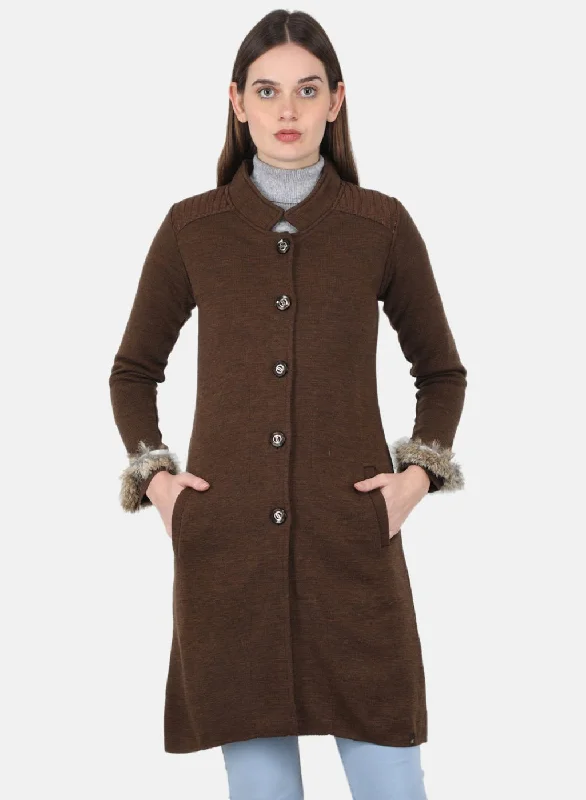 Women Brown Self Design Coat