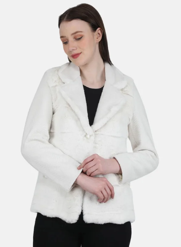 Women Off White Solid Coat