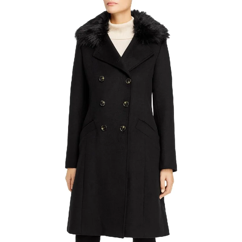 Tahari Maci Women's Double Breasted Mid-Length Wool Coat with Faux Fur Collar