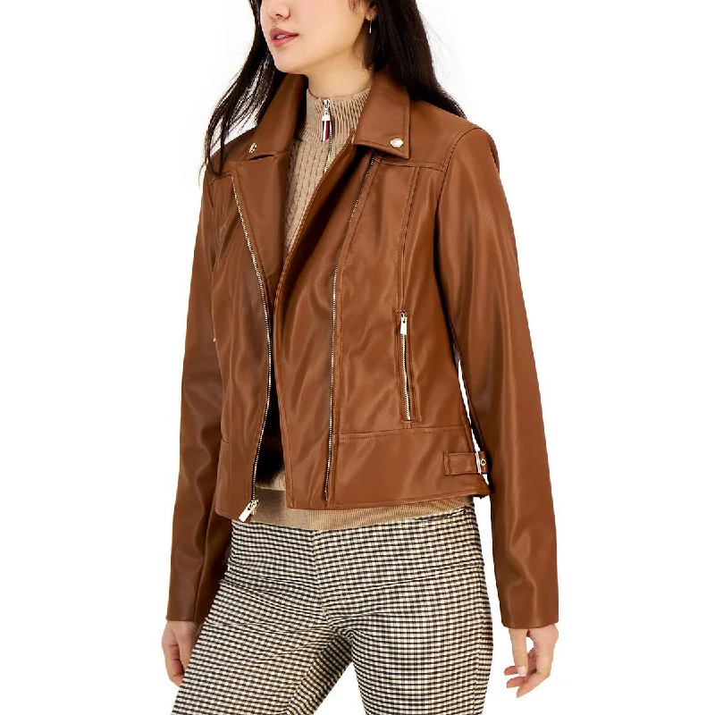 Tommy Hilfiger Womens Faux Leather Cold Weather Motorcycle Jacket