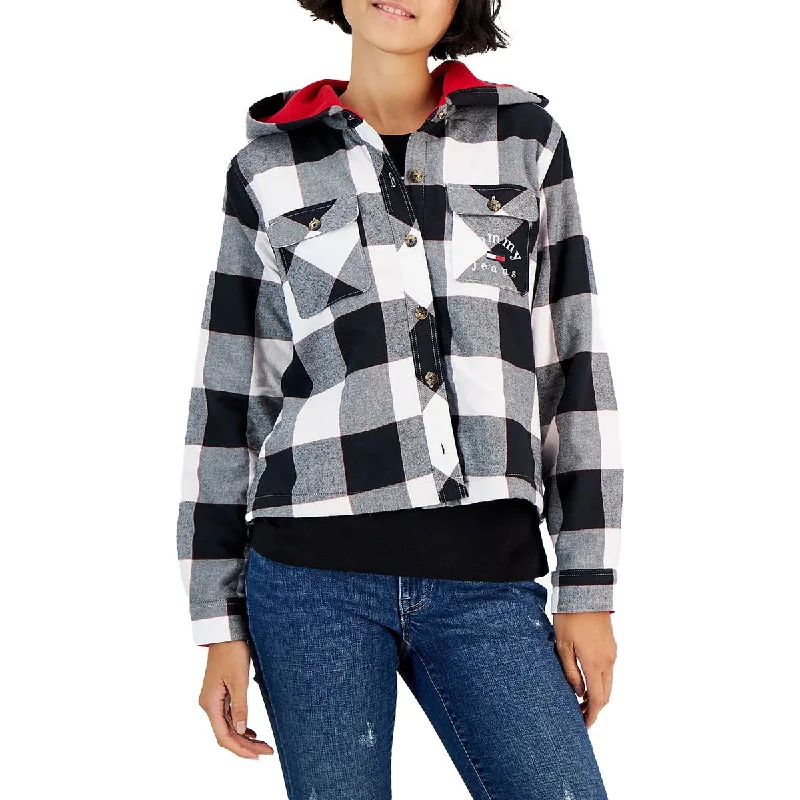 Tommy Jeans Womens Plaid Hooded Shirt Jacket