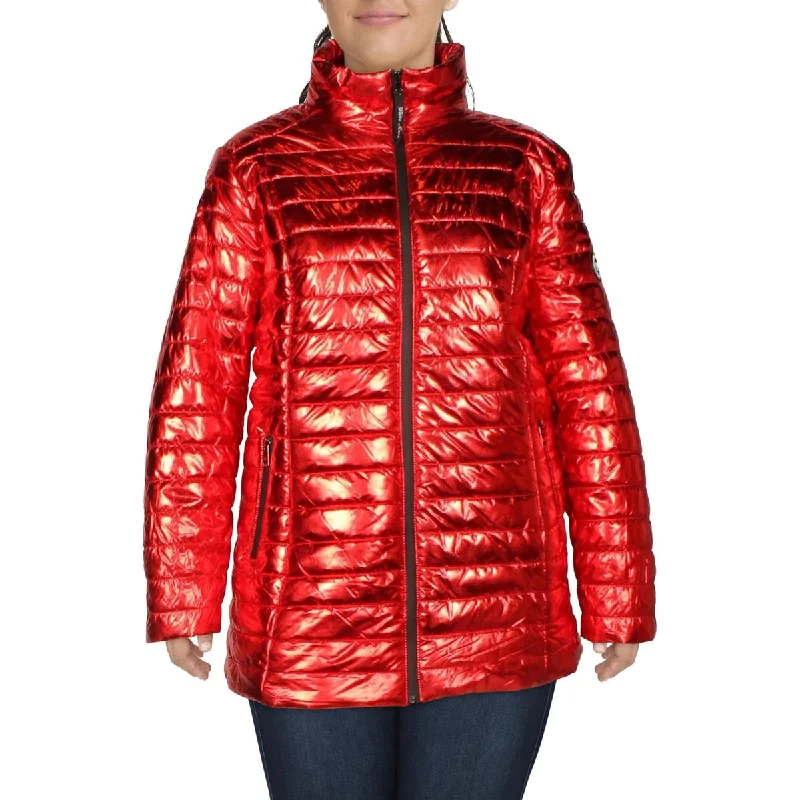 White Mark Womens Plus Metallic Quilted Puffer Jacket