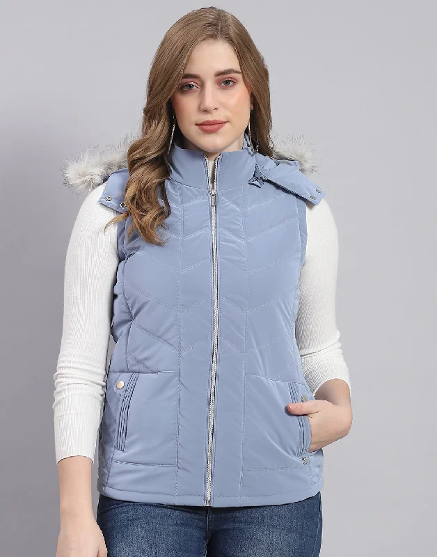 Women Blue Solid Hooded Sleeveless Jacket