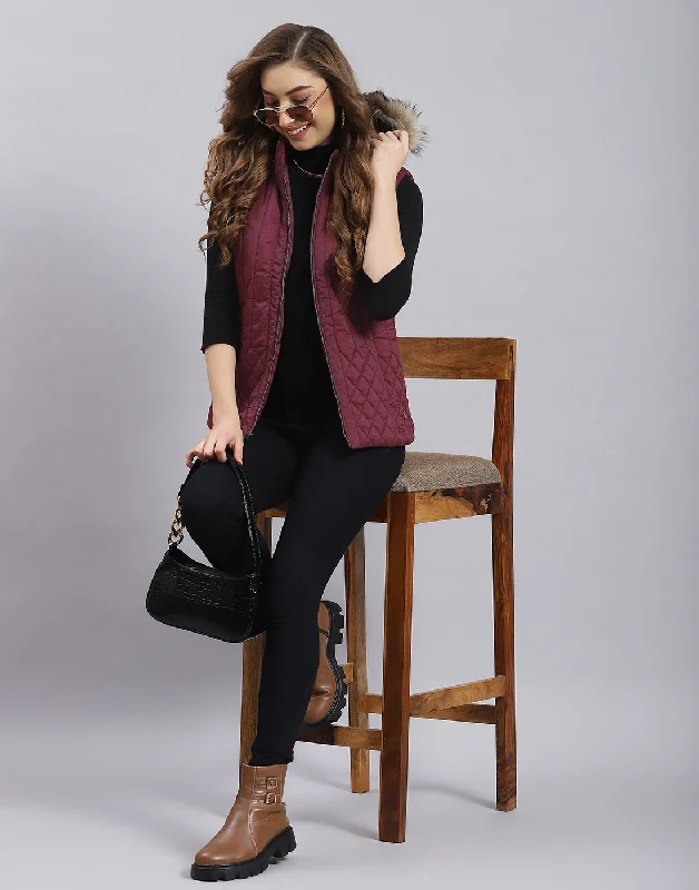 Women Maroon Solid Hooded Sleeveless Jacket