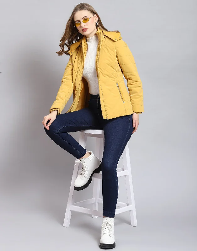 Women Mustard Solid Hooded Full Sleeve Jacket