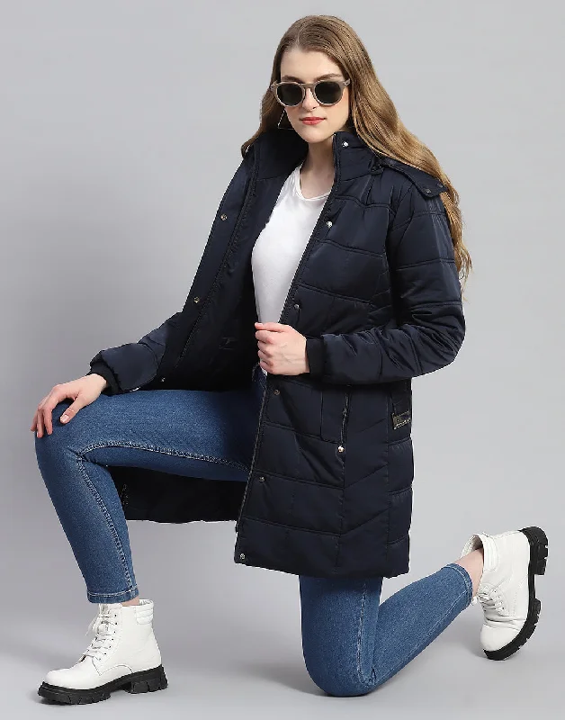 Women Navy Blue Solid Hooded Full Sleeve Jacket