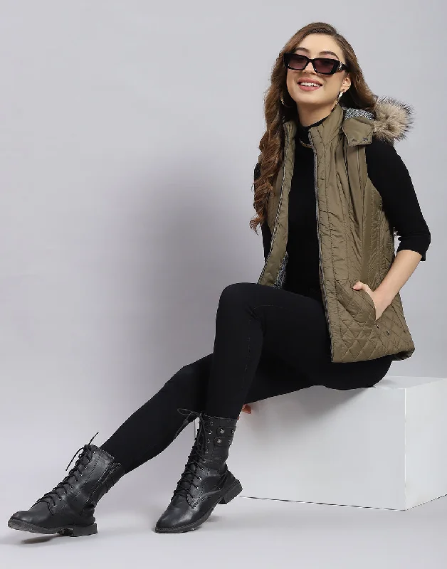 Women Olive Solid Hooded Sleeveless Jacket