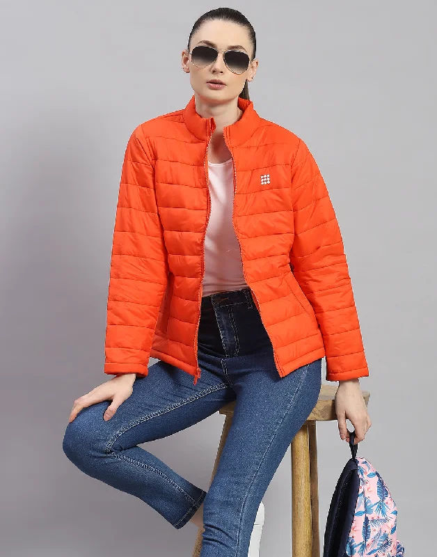 Women Orange Solid Stand Collar Full Sleeve Jacket