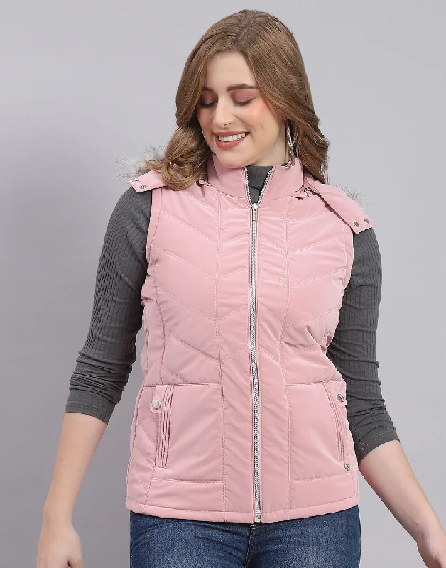 Women Pink Solid Hooded Sleeveless Jacket