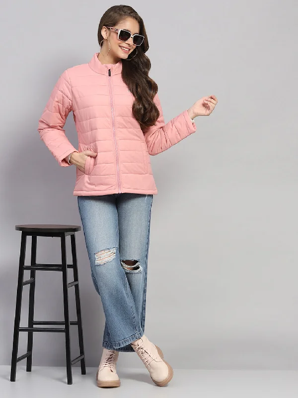 Women Pink Solid Mock Neck Full Sleeve Jacket