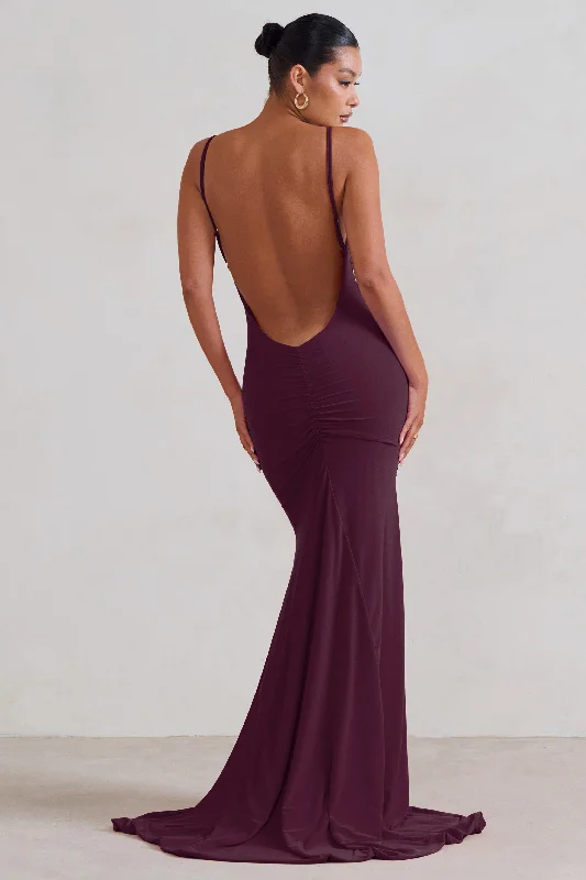 Adele | Plum Backless Ruched Fishtail Cami Maxi Dress