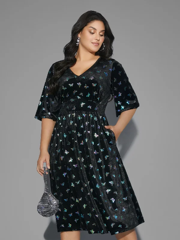 Butterfly Glitter Flutter Sleeve Midi Dress