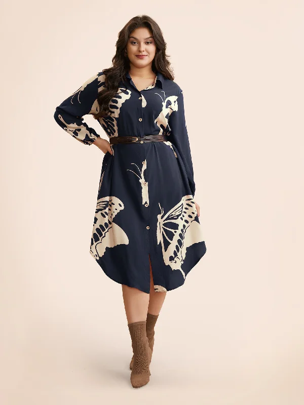 Butterfly Print Curved Hem Midi Dress