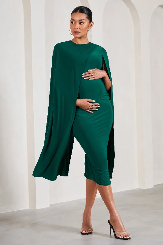 Cloud Nine | Bottle Green Maternity Midi Dress With Cape Sleeves