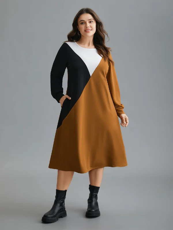 Colorblock Contrast Pockets Knitted Midi Dress