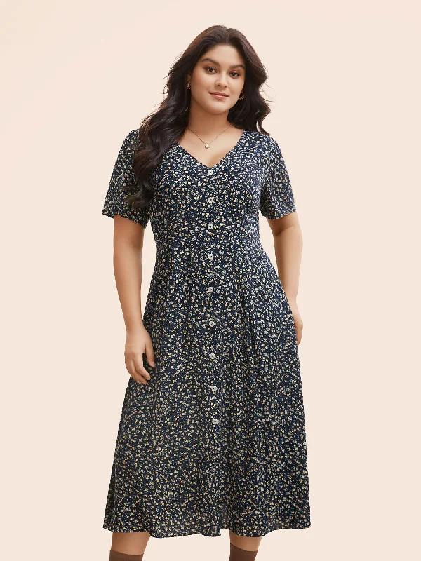 Ditsy Floral Button Detail Elastic Waist Midi Dress