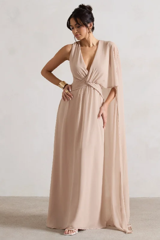 Fairytale | Champagne Plunge-Neck Chiffon Maxi Dress With Cape Sleeve