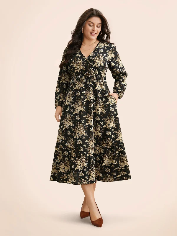 Floral Overlap Collar Shirred Midi Dress